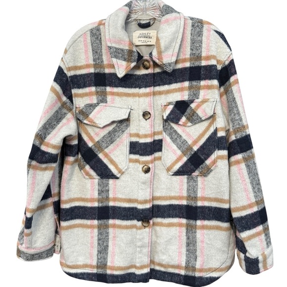 Ashley Plaid Shacket M Cream Pink Tan | Oversized Fall Layer - Picture 1 of 6